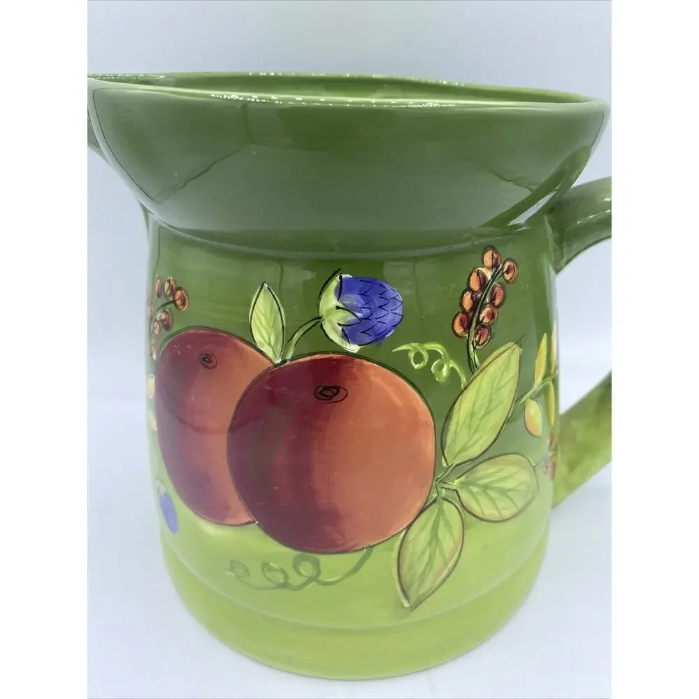 LAURIE GATES Ware Glazed Ceramic PITCHER Green with Fruit Country Farmhouse